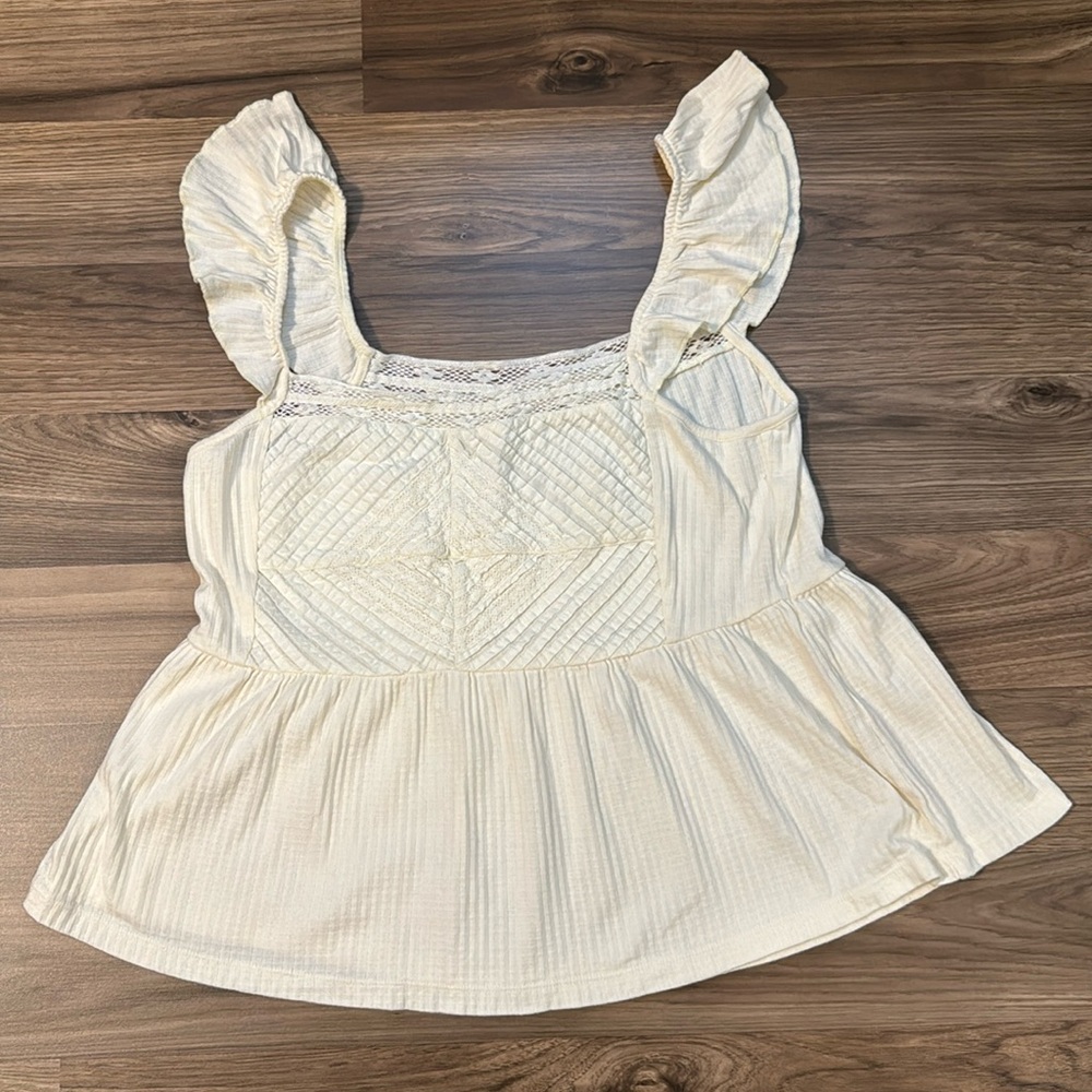 Lucky Brand Cream Textured Lace Trim Square Neck Peplum Flutter Sleeve Tank L